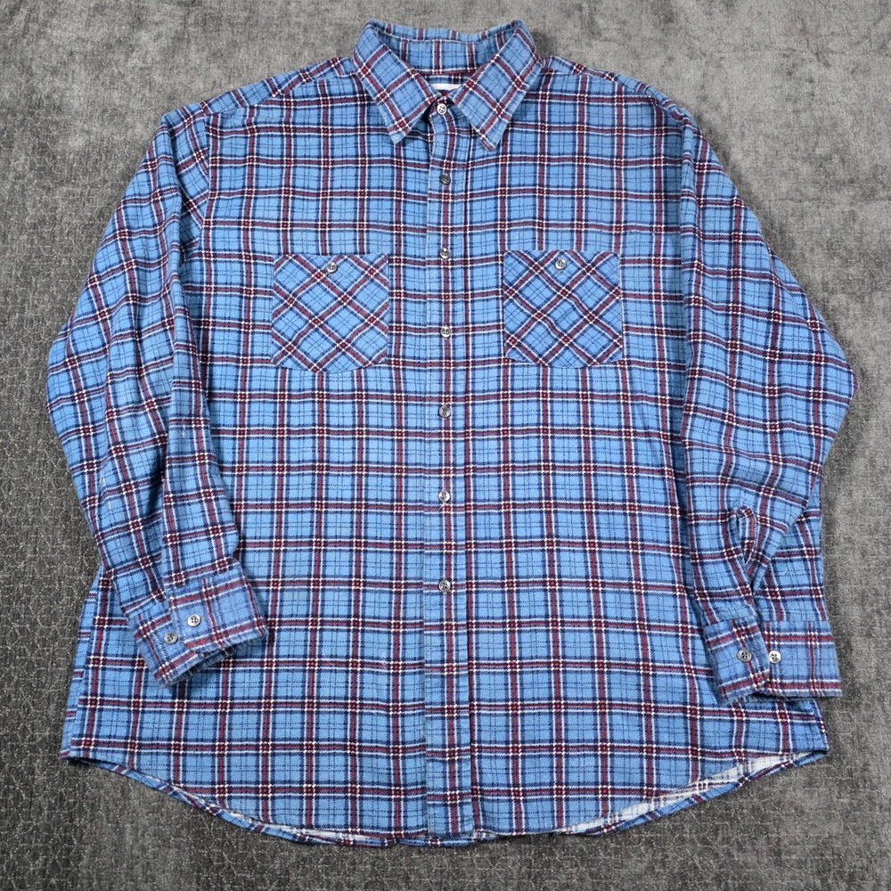 Vtg American Edition Mens XL Blue Plaid Flannel Shirt Long Sleeve Made in USA